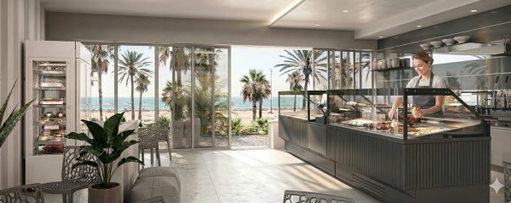 Espacio frente al mar con vitrina de gran formato en una heladería contemporánea